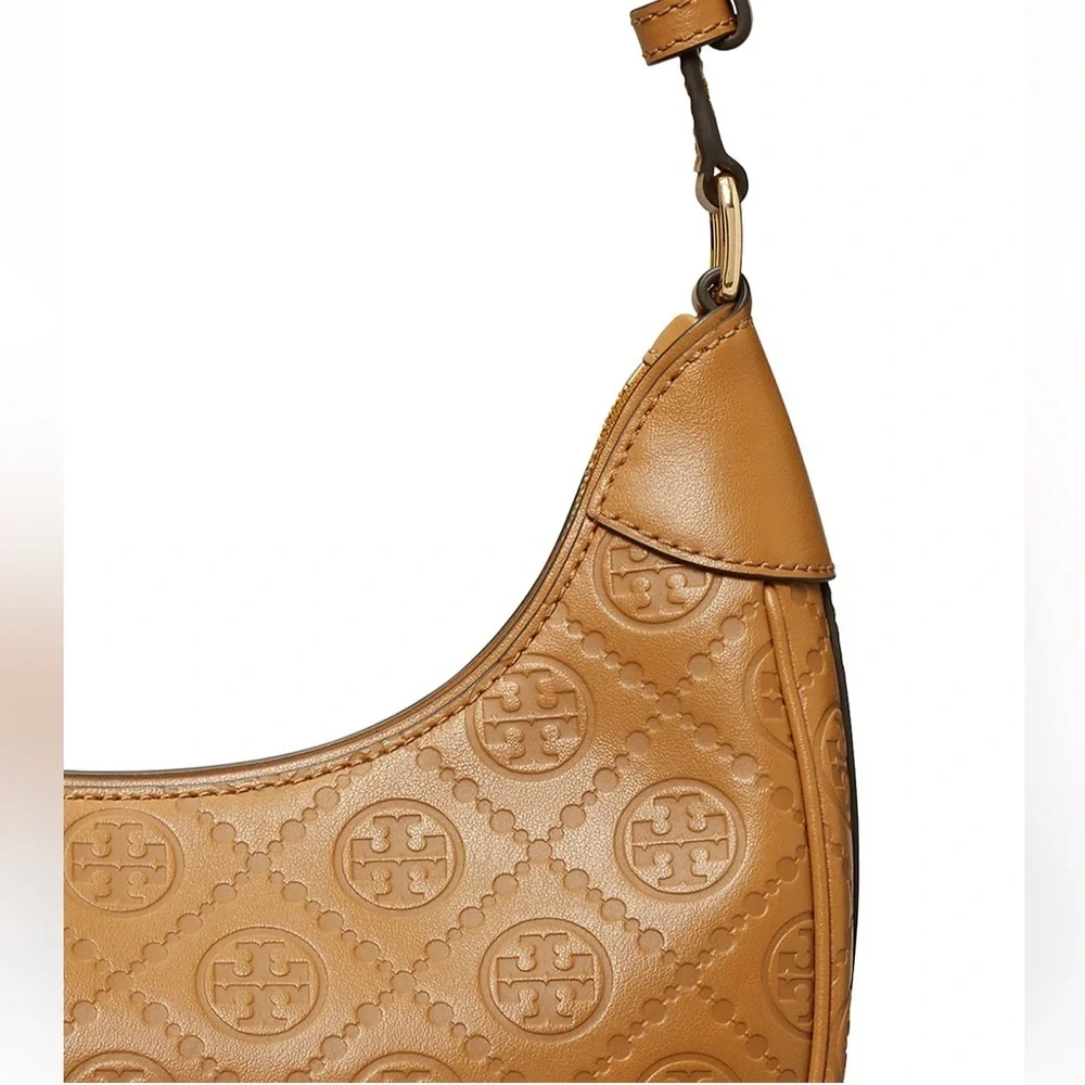 Tory Burch T Monogram Leather Crescent Bag Brown Embossed Hobo Bag